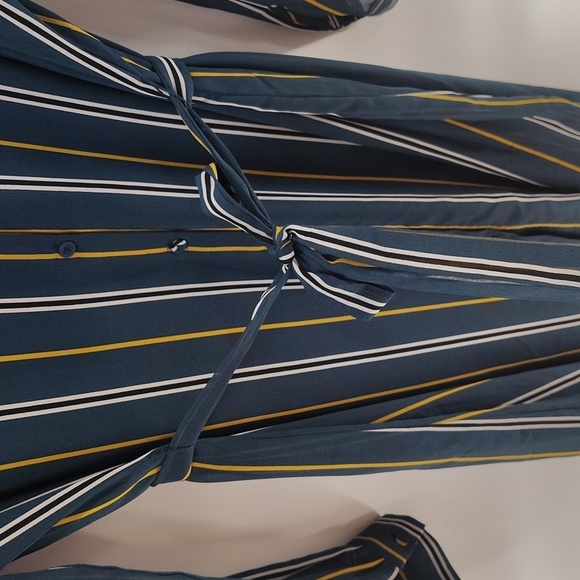 Signature Studio Button Down Dress Size Large Green Striped Sheer Sleeve W Belt - Picture 6 of 10